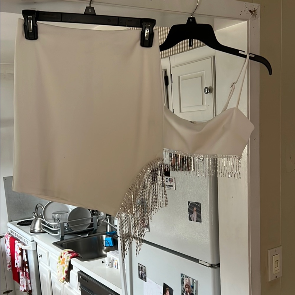 White Skirt and Crop Top Set with Fringe